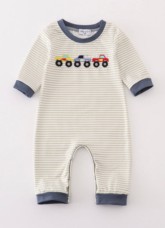 Gray Stripe Monster Truck Embroidery Romper