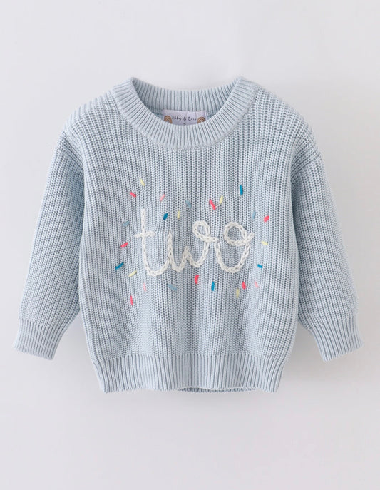 Hand-Embroidered "One" & "Two" Sweaters