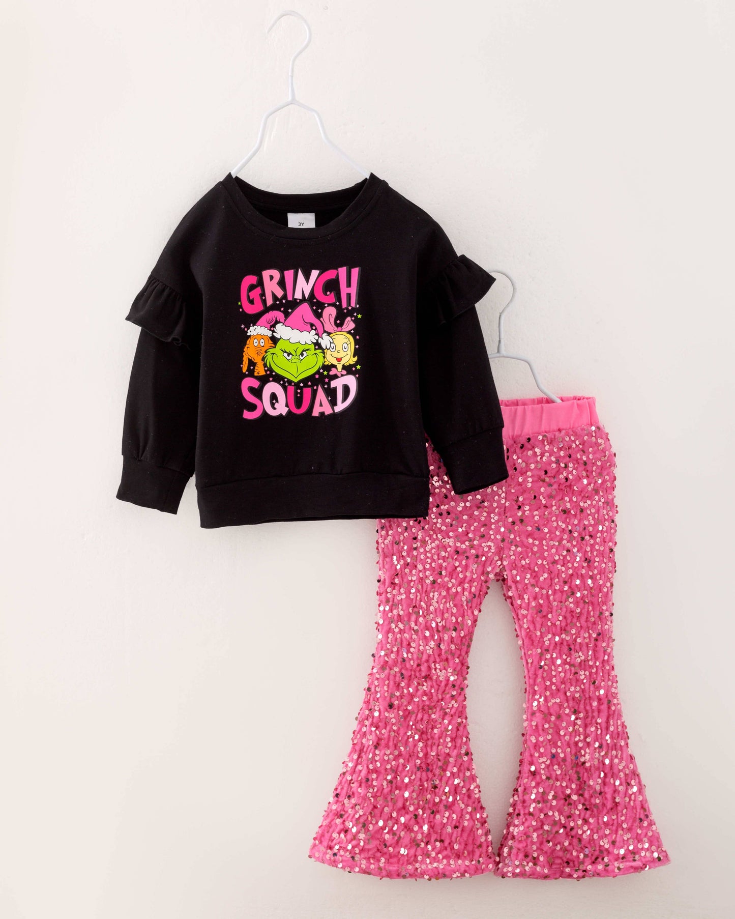 Christmas Grinch Sequins Girl Bell Pant Set Kids Clothes