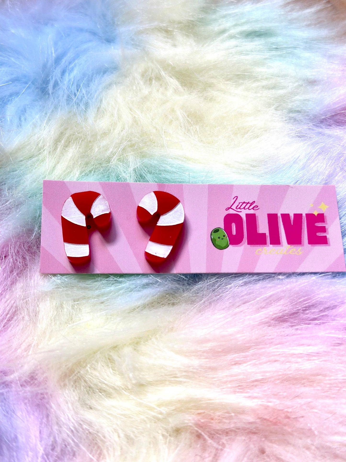 Hand Painted Candy Cane Stud Earrings - Festive