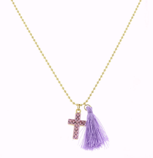 Kids 14" Pink Cross with Purple Tassel Necklace