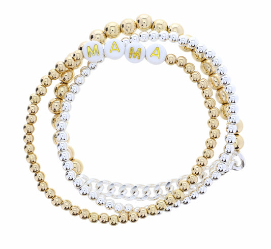 Set of 3, "Mama" Two Tone Beaded Bracelet