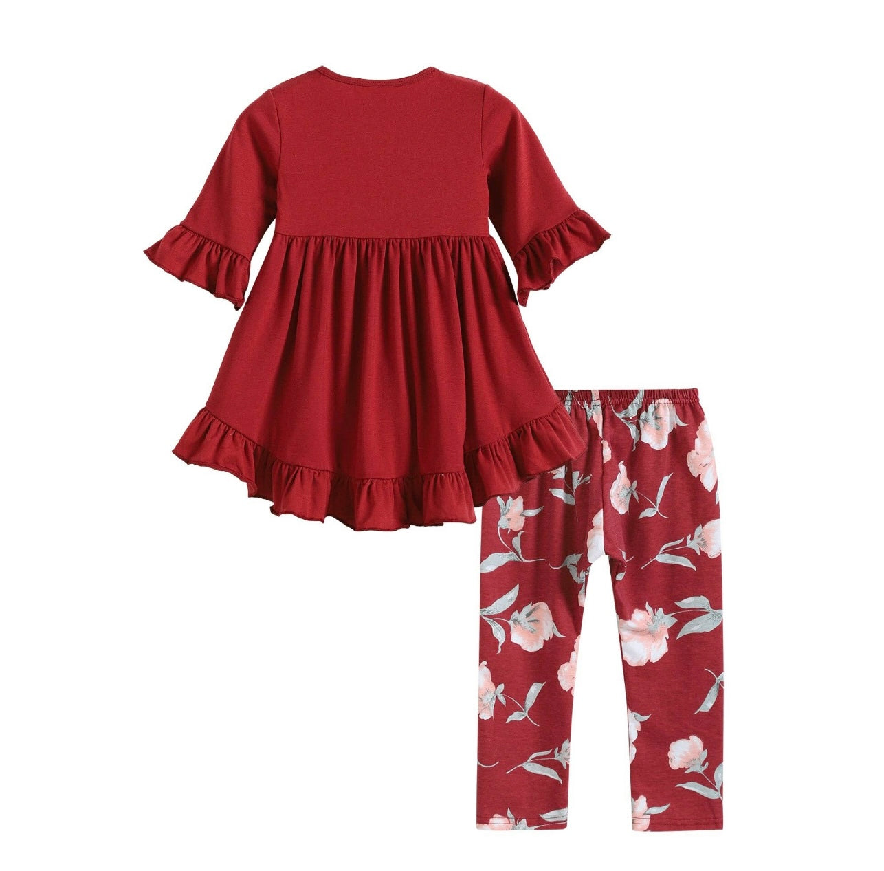 Burgundy Hi-Lo Ruffle Tunic with Floral capri and Headband set