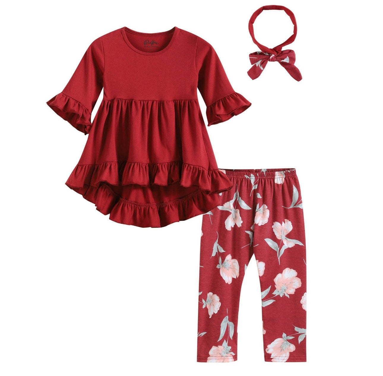 Burgundy Hi-Lo Ruffle Tunic with Floral capri and Headband set